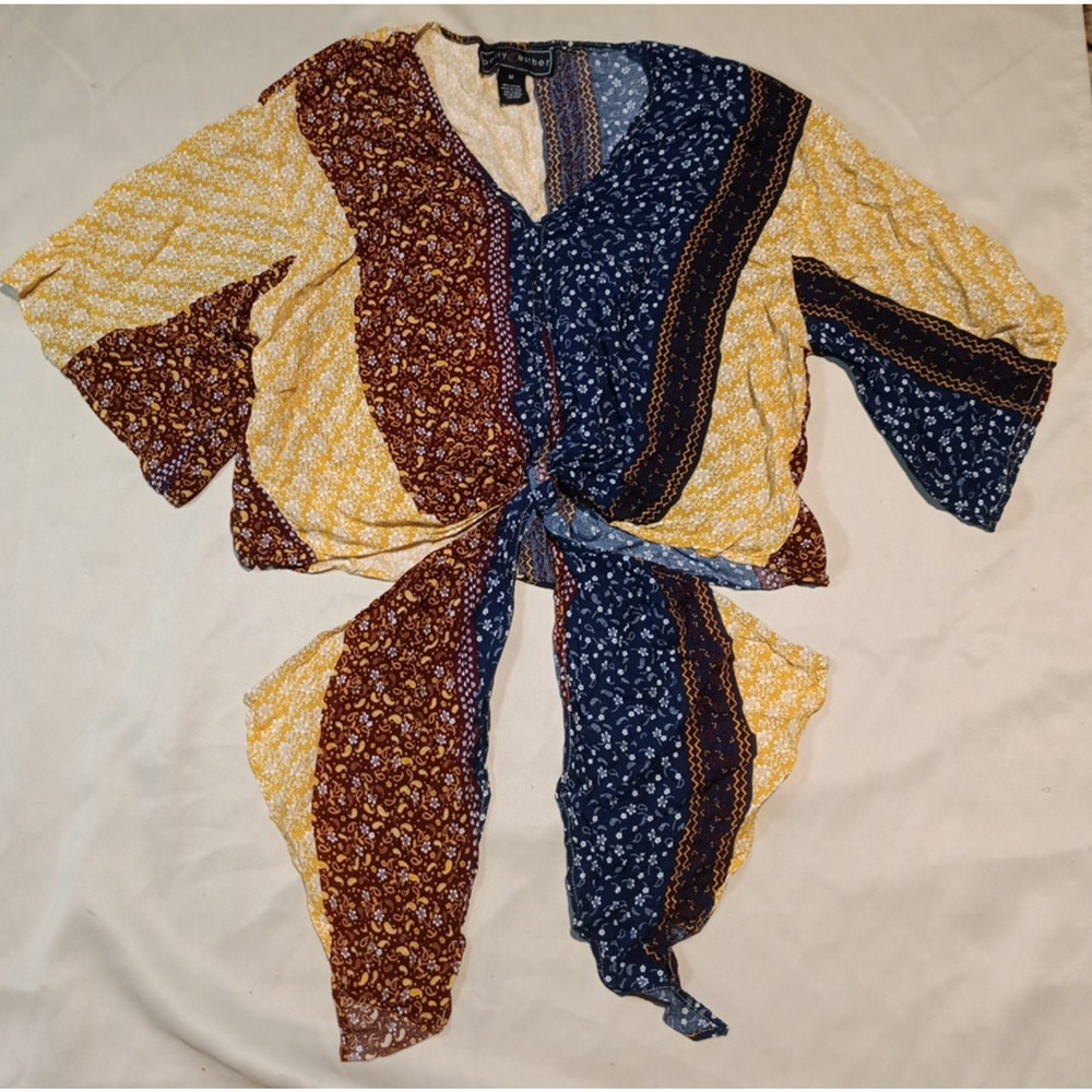 Polly & Esther Crop Tie Shirt Med Cottagecore Fairy Paisley Blue Yellow Boho